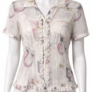 CAbi Cream Ruffle Button-Front Blouse with Pink and Gray Print